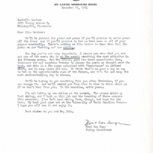 Typed letter, signed from Mona Van Duyn to Isabella Gardner, November 16, 1964