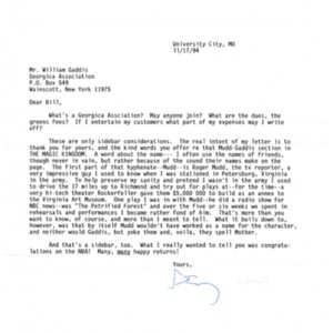Typed letter, signed from Stanley Elkin to William Gaddis, November 17, 1994