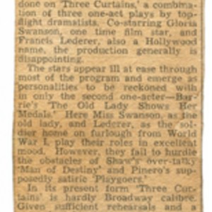 Newspaper clipping discussing <em>Three Curtains</em>, November 28, 1942.
