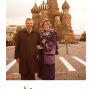 William Jay Smith and Sonja Haussmann Smith in front of Saint Basil's Cathedral in Moscow, Russia