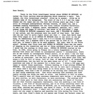 Typed letter, signed [photocopy] from Raymond Federman to Ronald Sukenick, January 31, 1972