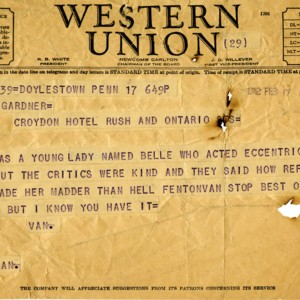 Western Union telegram from Harold Van Kirk to Isabella Gardner, February 17, 1942
