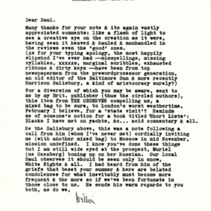 Typed letter, signed [photocopy] from William Gaddis to Saul Bellow, October 12, 1985