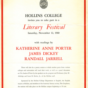 Advertisement for Hollins College's first literary fesitval, November 12, 1960