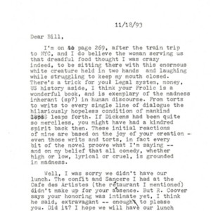 Typed letter, signed from John Hawkes to William Gaddis, November 18, 1993