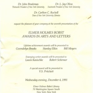 Invitation for the Elmer Holmes Bost Awards in Arts and Letters, December 4, 1991