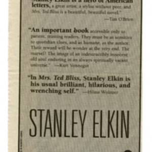 Advertisement clipping for <em>Mrs. Ted Bliss</em> by Stanley Elkin