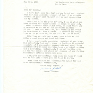 <p class="p1">Samuel Beckett letter to Henry Wenning,<span class="Apple-converted-space">&nbsp;</span>1961: May 18</p>