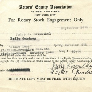 Actor's Equity Association card for the play <em>Stage Door</em>, September 24, 1942.