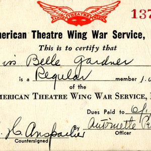 Isabella Gardner's American Theatre Wing War Service, Inc. identification card