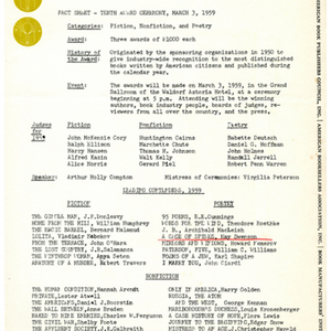 Fact sheet for the 1959 National Book Awards ceremony featuring May Swenson's nomination for the National Book Award for Poetry for <em>A Cage of Spines</em>.