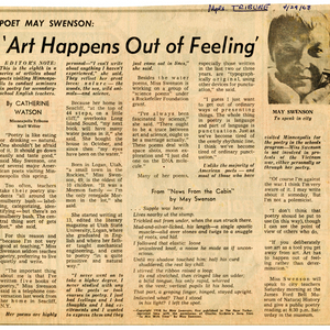 "Poet May Swenson: 'Art Happens Out of Feeling'" by Catherine Watson from <em>Minneapolis Tribune</em>, April 29, 1968