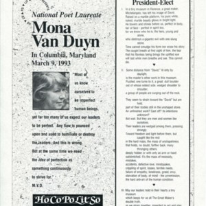 Broadside advertisement for "National Poet Laureate Mona Van Duyn in Columbia, Maryland on March 9, 1993"