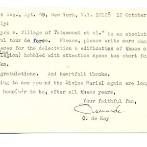 Typed card, signed from Ormonde de Kay to William Gaddis, October 12, 1987