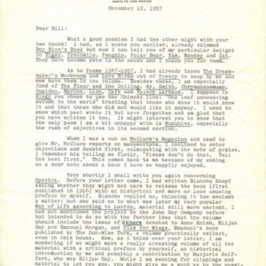 Typed letter, signed from Witter Bynner to William Jay Smith, November 12, 1957