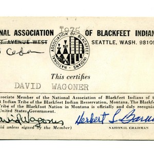 David Wagoner's National Association of Blackfeet Indians identification card