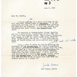 Typed letter, signed from Jack Green to William Gaddis, June 9, 1959