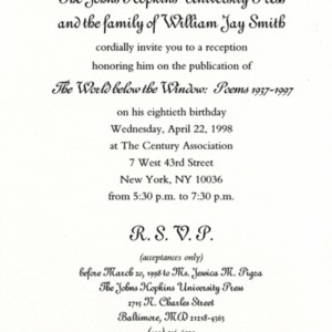 Invitation to celebrate the publication of <em>The World Below the Window</em> and William Jay Smith's 80th birthday