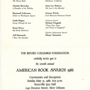 Invitation to the 1986 Annual American Book Awards