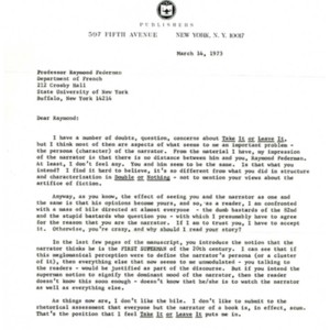 Typed letter, signed from Harris Dienstfrey to Raymond Federman, March 14, 1973.