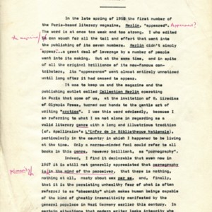 Untitled typescript by Alexander Trocchi discussing the writing of <em>Helen and Desire</em>