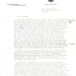 Typed letter, signed from Ronald Sukenick to Raymond Federman, January 29, 1972.