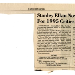 "Stanley Elkin Novel Nominated For 1995 Critics Circle Award" from the <em>St. Louis Post-Dispatch</em>, January 22, 1996