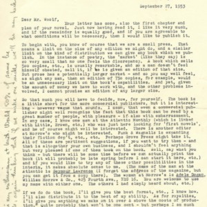 Typed letter from Robert Creeley to Douglas Woolfe, September 27, 1953