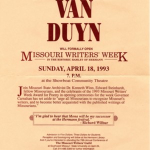"U.S. Poet Laureate Mona Van Duyn Will Formally Open Missouri Writers' Week in the Historic Hamlet of Hermann, Missouri on April 18, 1993"