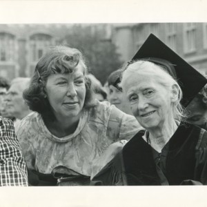 Mona Van Duyn and Marianne Moore at Washington University in St. Louis after Moore received an honorary doctor of letters degree