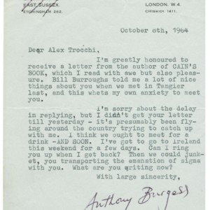 Typed letter, signed from Anthony Burgess to Trocchi, October 8, 1964