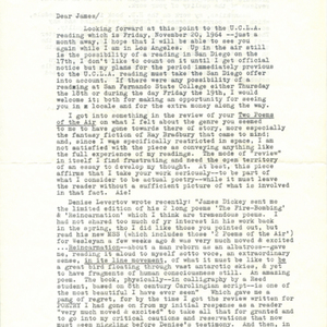 Typed letter, signed from Robert Duncan to James Dickey, October 21, 1964